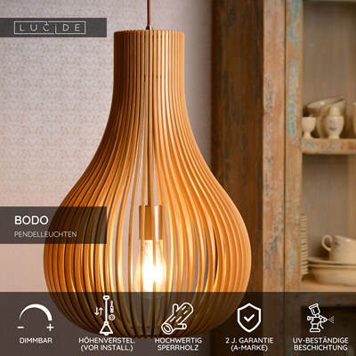 Lucide BODO - Pendelleuchten - Ø 38 cm - 1xE27 - Helles Holz